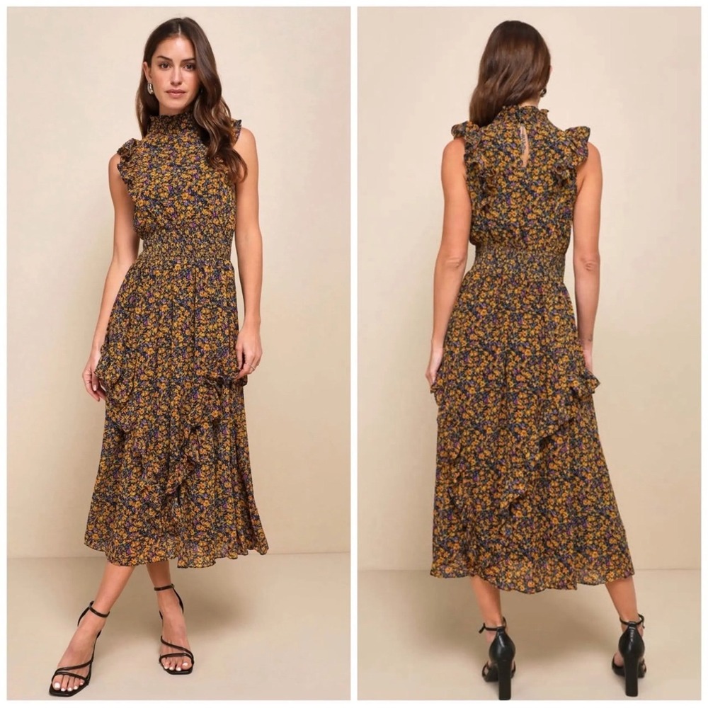 Evalina Mustard Yellow Floral Print Mock Neck Midi Dress Size M